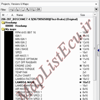 مپ لیست ایسیو BOSCH ME7.4.5(9679056580)(Flezi-Brake)