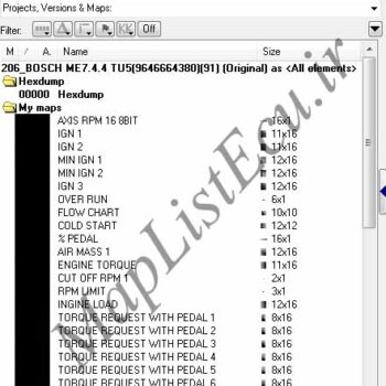 مپ لیست وینولز BOSCH ME7.4.4 TU5 (9646664380)(91) پژو ۲۰۶