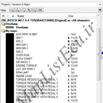 مپ لیست WinOLS پژو 206 BOSCH ME7.4.4 TU5 (9644219480)