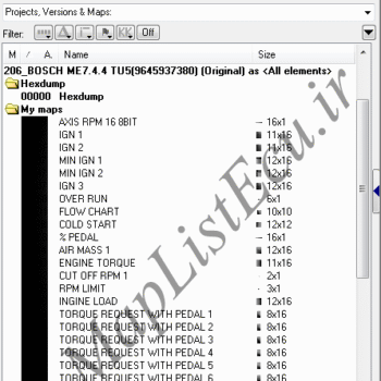 مپ لیست تخصصی WinOLS برای ECU بوش ME7.4.4 TU5 (9645937380)