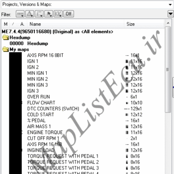 مپ لیست حرفه‌ای WinOLS ایسیو Bosch ME7.4.4 – کد فنی 9650116680