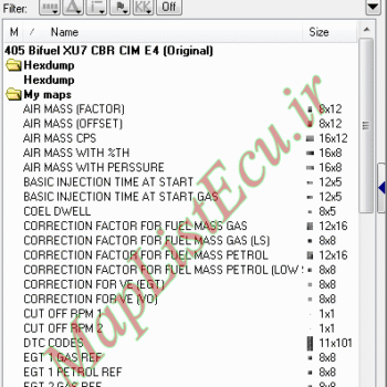 مپ لیست وینولز Bifuel XU7 CBR CIM E4 پژو 405