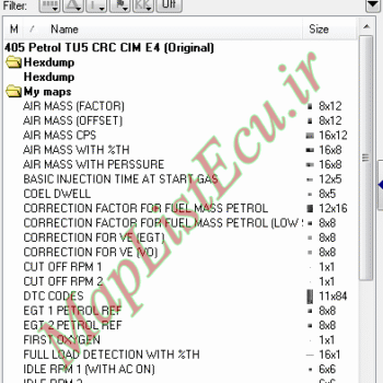 مپ لیست وینولز Petrol TU5 CRC CIM E4 پژو ۴۰۵